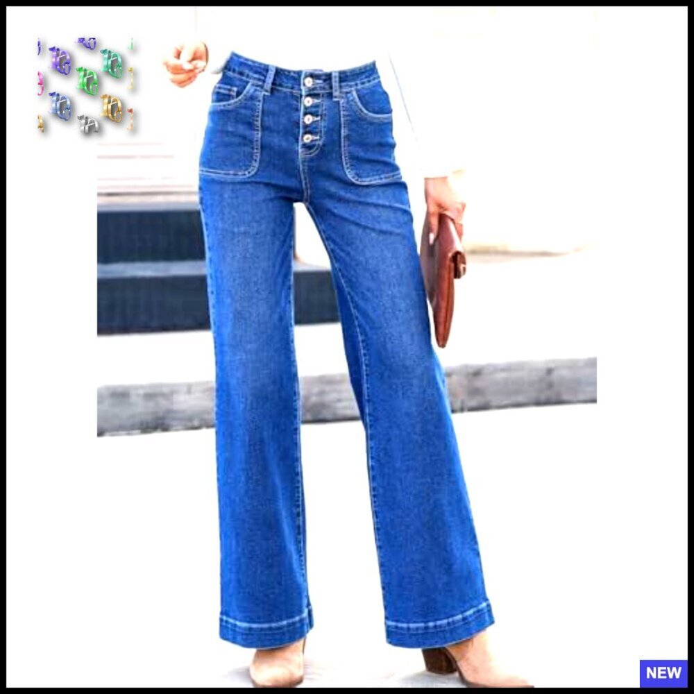 Straight Leg Jeans Stretchy Denim High Waisted Buttoned Wide Leg Pants - Picture 2 of 7
